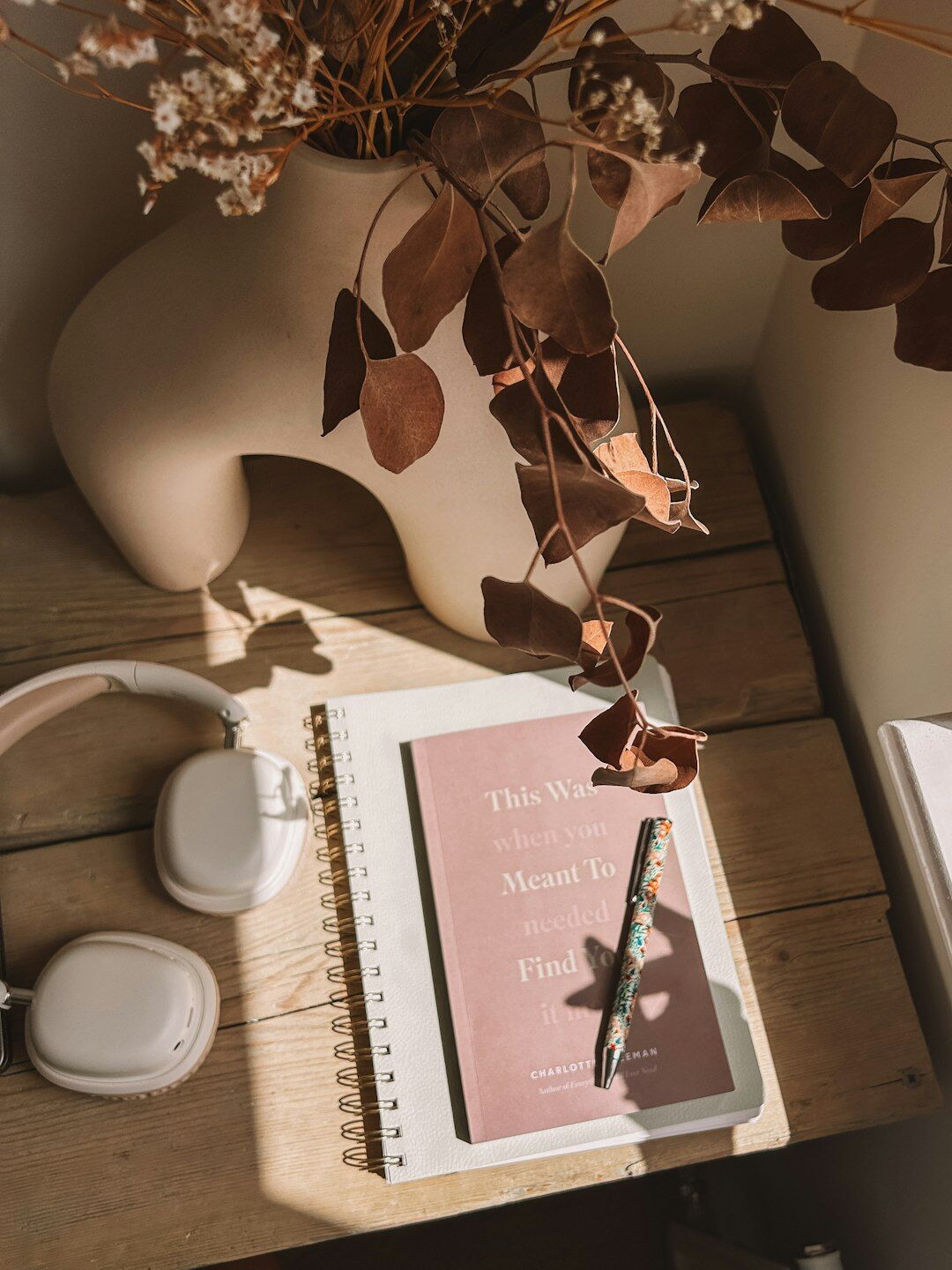 Minimalist desk setup with plant and notebook